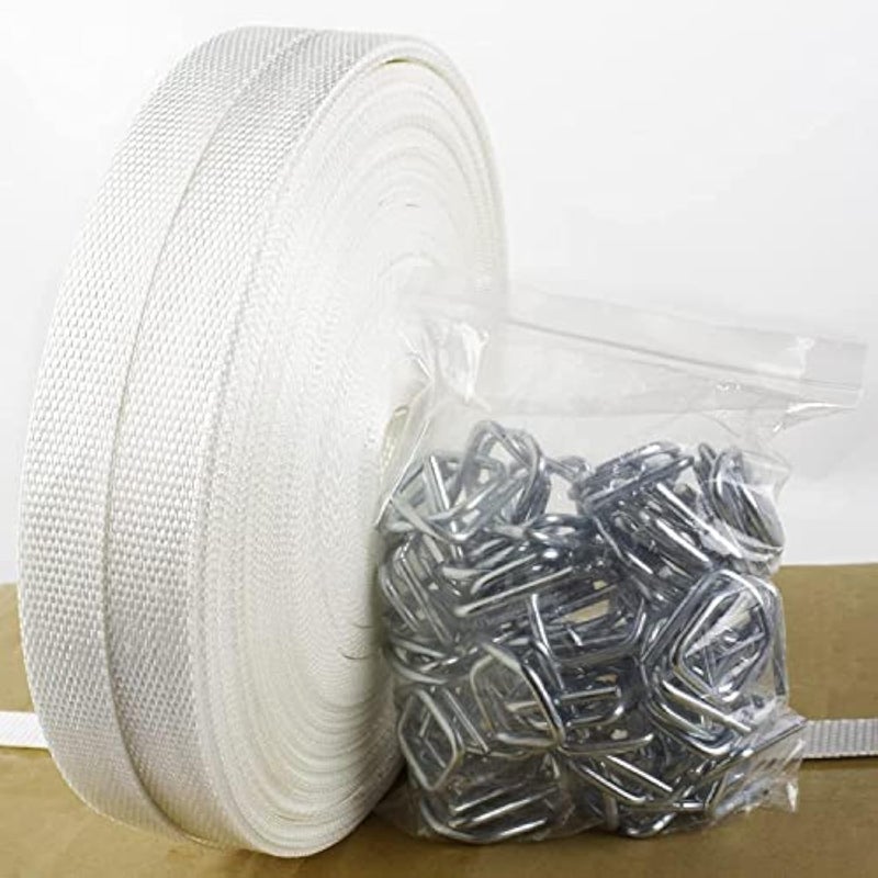 Palmarosa طقم حزام حبل منسوج 3/4" x 330' مع 50 مشبك معدني - لفة تعبئة، قوة كسر 2400 رطل - Image 1